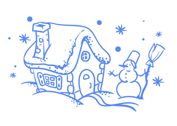 Ilustracja wektora z niebieskim domem zimowym i bałwanem. Stylowe tło na Boże Narodzenie zima projekt wakacje - Wektor, obraz