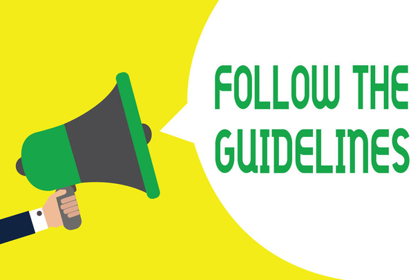 Writing note showing Follow The Guidelines. Business photo showcasing Manual of Style Follow a Specified Rule Accordingly Man holding megaphone loudspeaker speech bubble message speaking loud. - Photo, Image