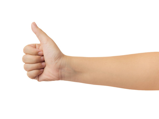 Human hand in showing one thumb up or like icon in trendy gesture isolate on white background with clipping path, High resolution and low contrast for retouch or graphic desig - Photo, Image