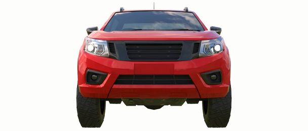 Красный грузовик доставки коммерческих автомобилей с двойной кабиной. Машина без опознавательных знаков с чистым пустым кузовом для замены логотипов и этикеток. 3d-рендеринг
 - Фото, изображение