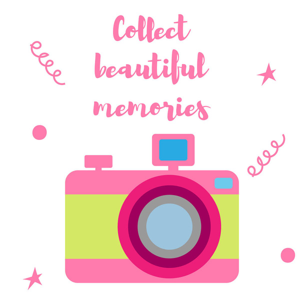 Vector illustration. The old-fashioned color camera. Flat style. Inscription collect beautiful moments on a white background - Vector, Image