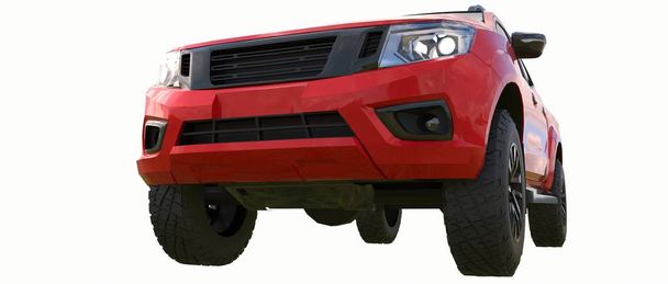 Nákladní automobil červené užitkového vozidla s dvojitou kabinou. Stroj bez odznaky s čistým prázdné tělo přizpůsobí vaše logy a značkami. 3D vykreslování - Fotografie, Obrázek