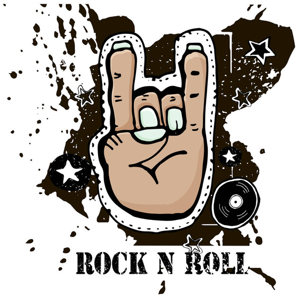 Grunge texture background , text Rock n Roll. Hand palm. Rock symbol. Hand drawn  vector illustration. - Vecteur, image