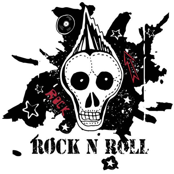 Grunge textúra háttér, szöveg Rock n Roll. Koponya és csontok. Punk rock karakter vektoros illusztráció. - Vektor, kép