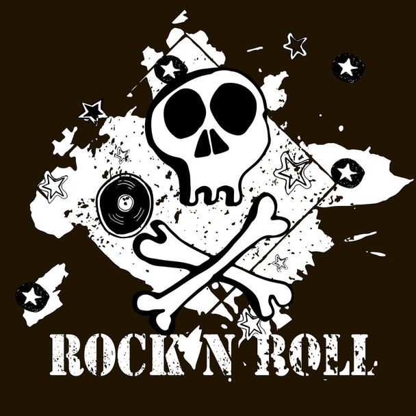 Grunge texture background, texte Rock n Roll. Crâne et os. Illustration vectorielle dessinée main
. - Vecteur, image