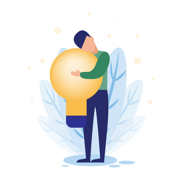 Business concept vector illustration man holding a lamp in his hand. Man hugs a lamp, concept of new ideas. - Vector, Image