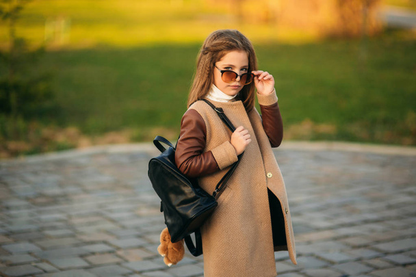Little girl in autumn coat posing for photographer. Golden autumn. - Фото, зображення