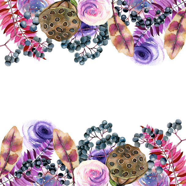 Kaart tempate met aquarel veren, rozen, bessen en lotus vakken, met de hand geschilderd op een witte achtergrond, vakantie kaart ontwerp, decoratie briefkaart, uitnodiging bruiloft - Foto, afbeelding