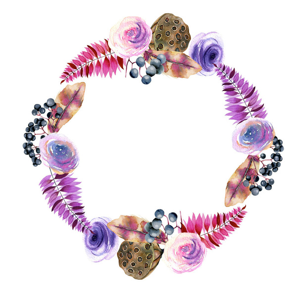 Corona, borde del marco con plumas de acuarela, rosas, bayas y cajas de loto, pintado a mano sobre un fondo blanco
 - Foto, Imagen
