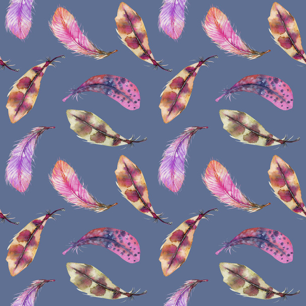 Seamless pattern with watercolor pink, purple and brown feathers, hand painted on a blue background - Photo, image