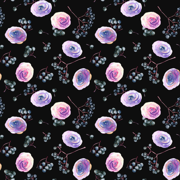 Aquarel roze, paarse rozen en vlierbessen takken naadloze patroon, hand geschilderd op een donkere achtergrond - Foto, afbeelding