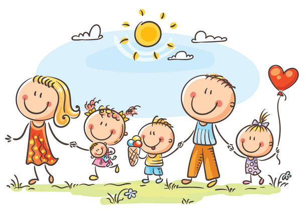 Familia feliz con tres niños caminando al aire libre
 - Vector, Imagen