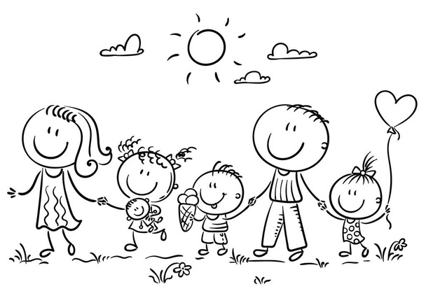 Familie mit drei Kindern, die im Freien spazieren gehen, - Vektor, Bild