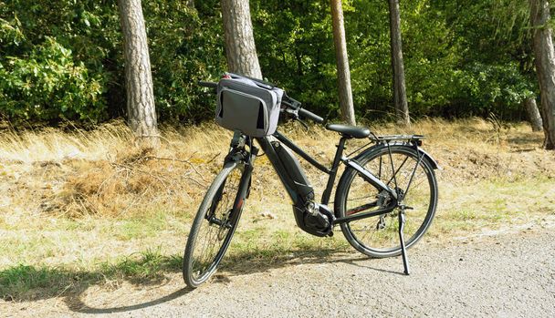 Czarny elektryczny Bicyle przed drzew w przyrodzie - Zdjęcie, obraz