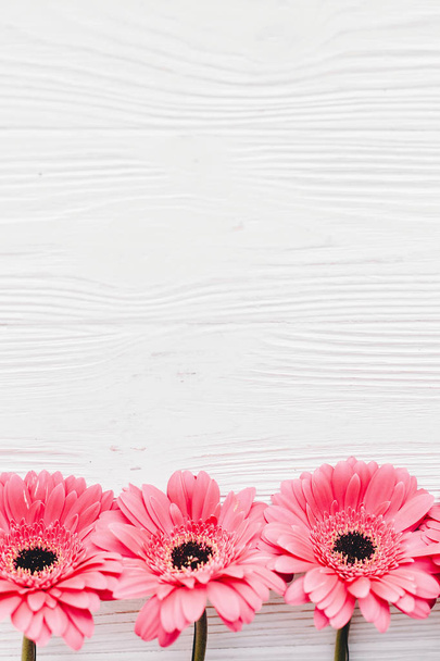 Розовые цветы герберы на белом деревянном фоне, плоские лежали с пространством для текста. Нежно-цветочный макет поздравительной открытки. Приглашение на свадьбу, счастливый день матери. Граница цветов
 - Фото, изображение