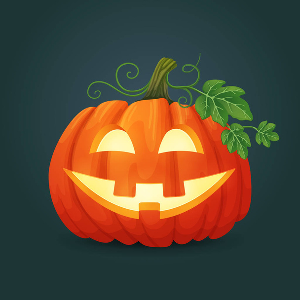 Halloween vector icon. Happy smiling orange oval pumpkin with green leaves and vines illuminated from the inside. - Vector, afbeelding