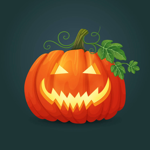 Halloween vector icon. Ripe orange oval pumpkin with a sinister smile with green leaves and vines illuminated from the inside. - Vector, afbeelding