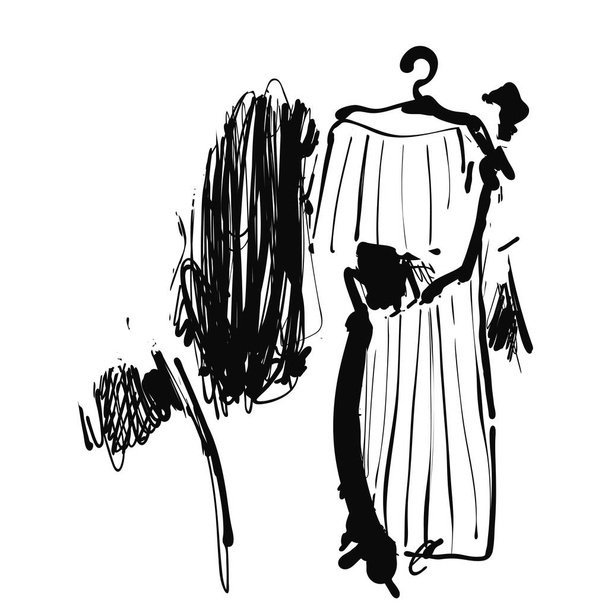La mujer elige un vestido. Tienda con ropa. Bocetos. Dibujado a mano
 - Vector, imagen