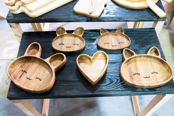 Plates, handmade, from, wood., Unique plates Dishes in the shape of animals Plate hare Cat heart - Photo, Image