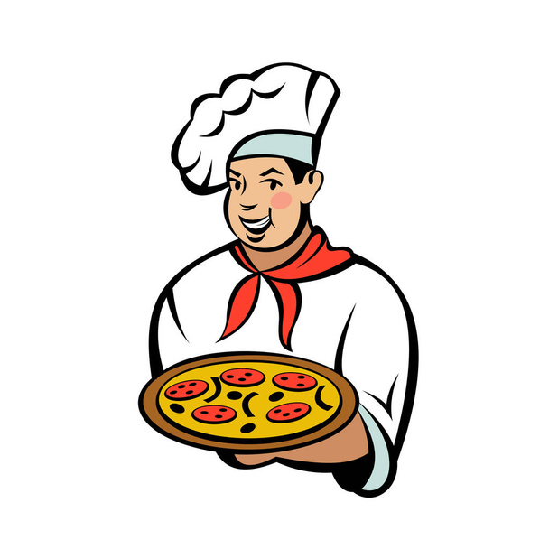 Італійський шеф-кухар проведення смачну піцу. Векторна емблема піцерії. - Вектор, зображення
