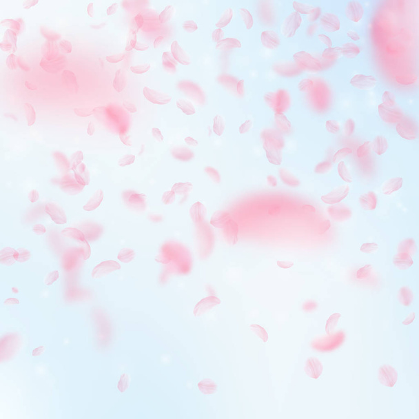 Sakura bloemblaadjes vallen. Romantische roze bloemen kleurovergang. Vliegende bloemblaadjes op blauwe hemel vierkante backgro - Vector, afbeelding