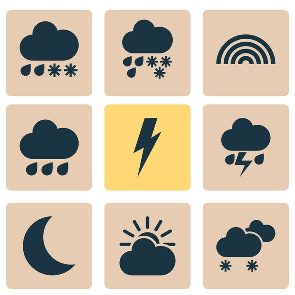 Климатические иконы с радугой, солнечным светом, погодой и другими дождливыми элементами. Изолированные векторные иконки климата
. - Вектор,изображение