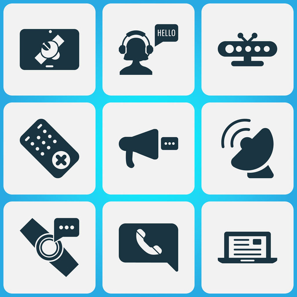 Icone di telecomunicazione impostate con notifica mobile, comunicazione via laptop, connessione satellitare e altri elementi megafono. Isolate icone di telecomunicazione vettoriale illustrazione
. - Vettoriali, immagini