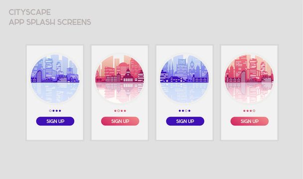 Platte responsieve Ui mobiele app schermen ontwerpsjabloon met trendy stad landschap - Vector, afbeelding