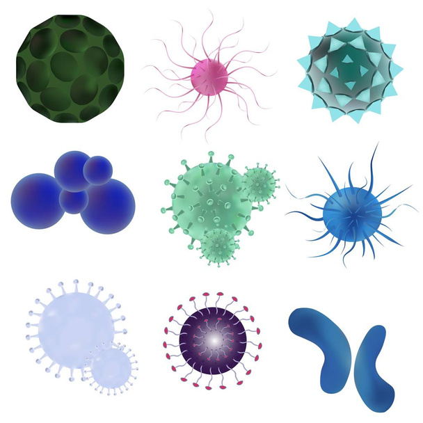 Изолированный реалистичный векторный набор вирусов и бактерий. Вирусы и бактерии под микроскопом. Концепция инфицированных и болезненных клеток, болезнетворных микроорганизмов
. - Вектор,изображение