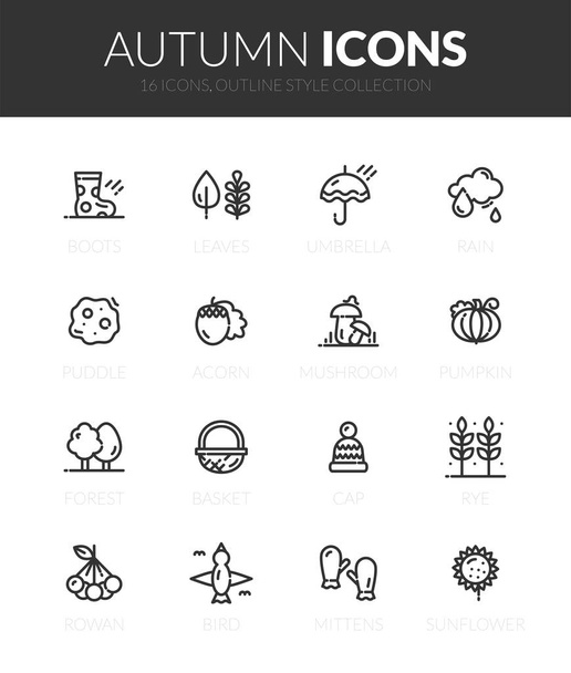 Outline black icons set in thin modern design style, flat line stroke vector symbols - autumn collection - Διάνυσμα, εικόνα