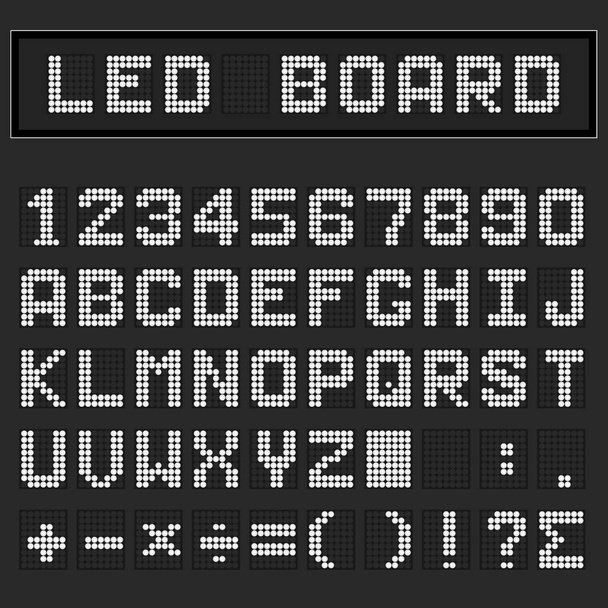 Branco LED digital inglês maiúscula fonte, número e exibição de símbolo de matemática no fundo preto
 - Vetor, Imagem