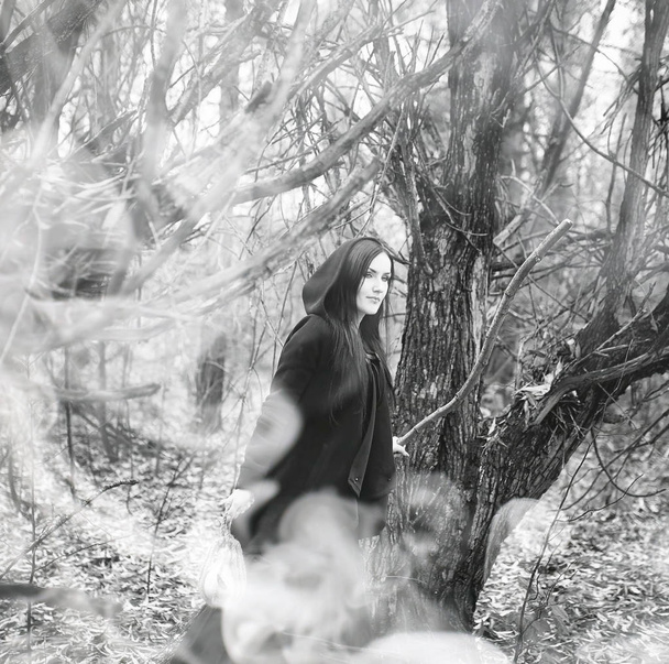 Woman in a witch suit in a dense forest - Photo, Image