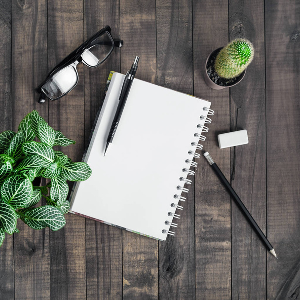 Photo of blank stationery and plants on wood table background. Responsive design mockup. Flat lay. - Foto, immagini