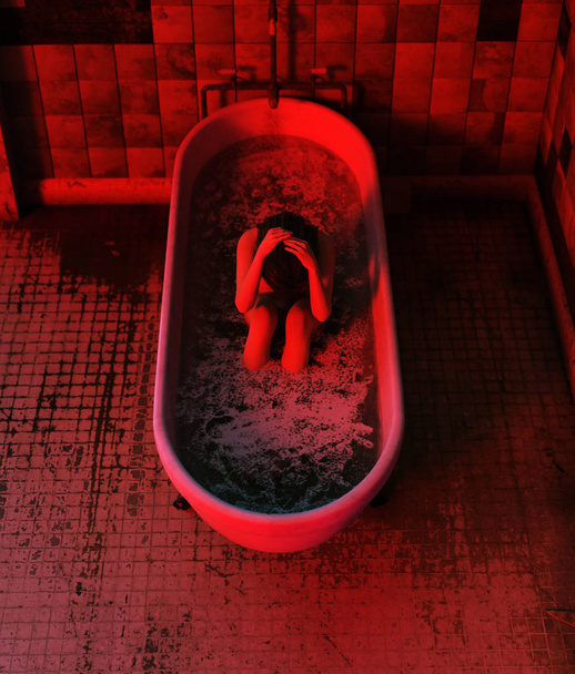 Stress woman sitting in bathtub,Horror concept 3d illustration  - Foto, Bild