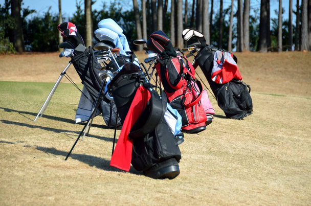 Гольф-клубы и сумки на заднем плане гольф-поля
 - Фото, изображение