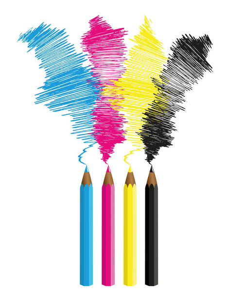illustratie van CMYK-potloden cyaan magenta gele toets - Vector, afbeelding