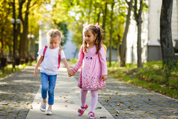 Δυο όμορφες φίλες κορίτσια πηγαίνουν στο σχολείο κρατώντας τα χέρια. Επιστροφή στο σχολείο - Φωτογραφία, εικόνα