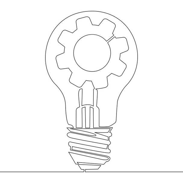 Żarówki lampy światła ciągłego rysowania linii z koła zębatego koła zębatego pomysł wektor ikona ilustracja innowacji - Wektor, obraz