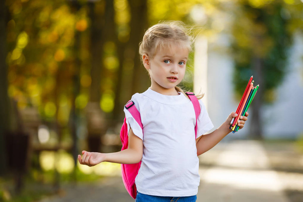 weinig schoolmeisje met een rugzak en potloden - Foto, afbeelding