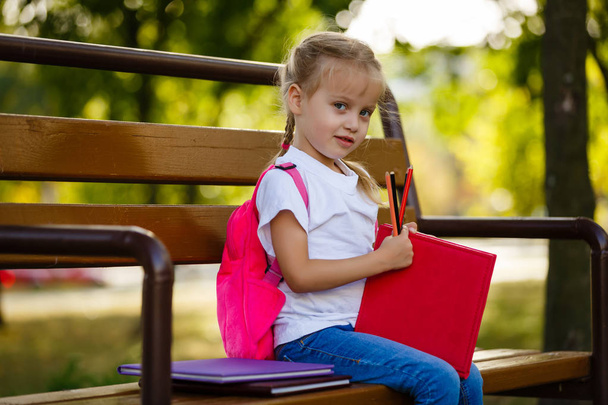 Очаровательная маленькая школьница с карандашами и книгами на открытом воздухе
. - Фото, изображение