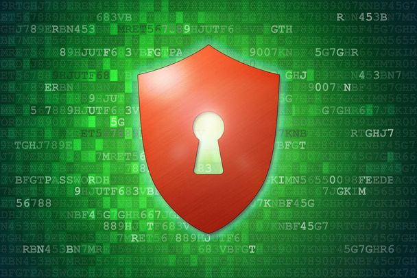 Concepto de seguridad cibernética: Escudo rojo con icono de ojo de cerradura en fondo de datos digitales verdes
. - Foto, Imagen