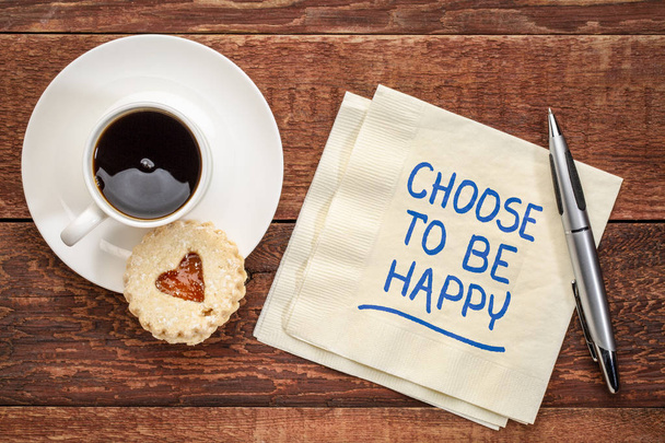 choose to be happy advice -inspirational handwriting on a napkin with a cup of coffee - Фото, изображение