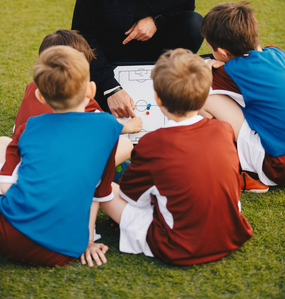 Lasten jalkapallojoukkue valmentajan kanssa jalkapallokentällä. Nuorisovalmentaja selittää taktiikkalautakuntaa. Pojat kuuntelemassa valmentajan ohjeita ennen urheiluturnausta. Valmennus Jalkapallo Image
 - Valokuva, kuva
