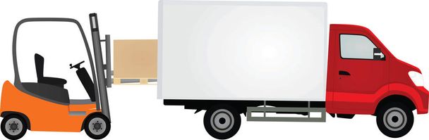 Gabelstapler beladen Container zu Lieferwagen. Vektorillustration - Vektor, Bild