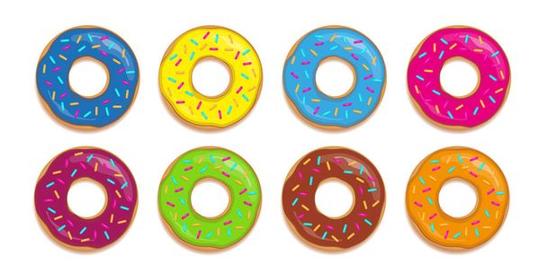Joukko värikkäitä donitseja eri lasitteet ja sokeri sprinkles vektori kuva EPS10
 - Vektori, kuva