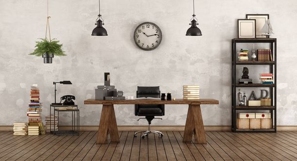 Ретро-офис с деревянным столом и винтажным книжным шкафом - 3D рендеринг
 - Фото, изображение