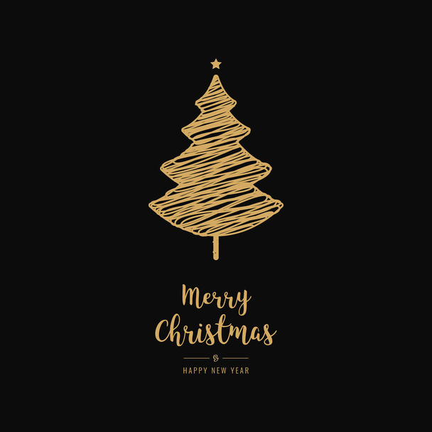 Golden christmas tree scribble drawing greetings black background - Vetor, Imagem