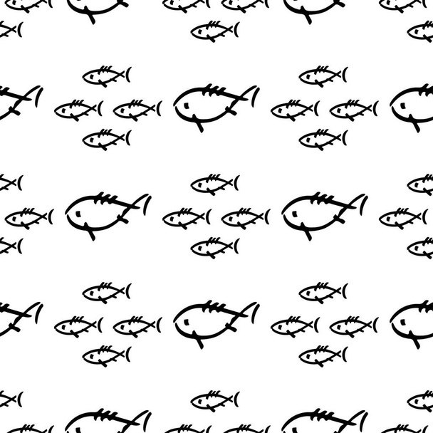 Flat monochrome vector seamless sea fish sketch pattern. Fabric textile summer pattern. Cute doodle pattern with underwater sea creatures. Vector illustration naive element wildlife nautical ornament. - Vettoriali, immagini