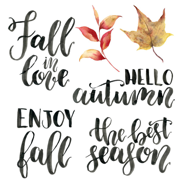 Watercolor autumn lettering phrases. Hand painted calygraphy set. Fall in love, hello autumn, enjoy fall, the best season isolated on white background. - Fotó, kép