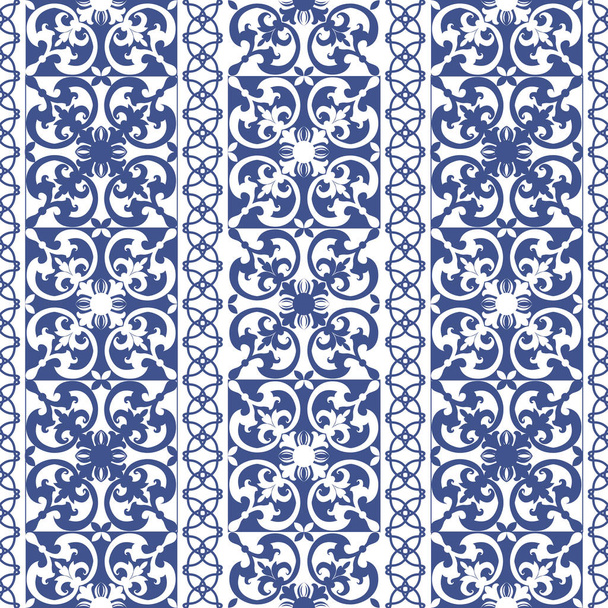 Vector seamless tiles background in portuguese style. Blue and white mosaic border. Tiles for ceramic in dutch, portuguese, spanish, italian style. - Vector, Image